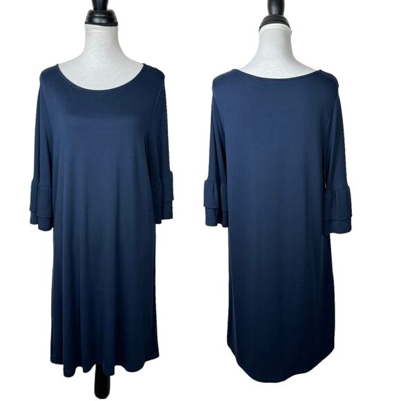 Halogen | Solid Navy Blue Jersey Ponte Knit Double Ruffle 3/4 Sleeve Shift Dress - Picture 1 of 8